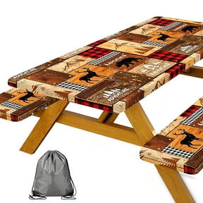 Rustic Cabin Style Picnic Table Cover with Bench Covers, Elastic Fitted Tablecloth, Lumberjack Buffalo Plaid & Bear Deer Adventure Pattern for Camping, Hunting Trips, 72x30 Inch