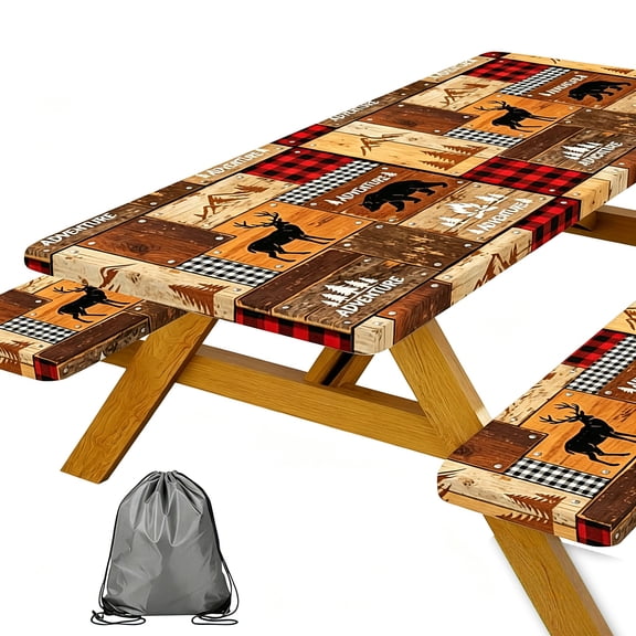 Rustic Cabin Style Picnic Table Cover with Bench Covers, Elastic Fitted Tablecloth, Lumberjack Buffalo Plaid & Bear Deer Adventure Pattern for Camping, Hunting Trips, 72x30 Inch