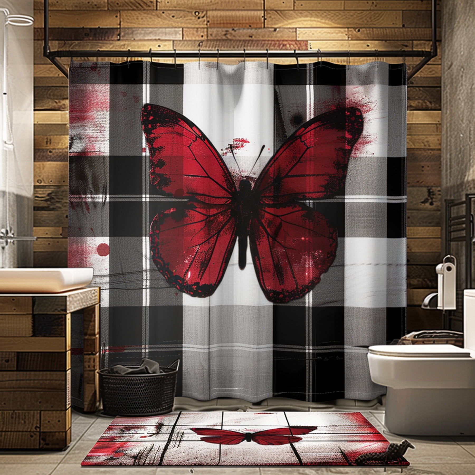 Rustic Cabin Style Shower Curtain with Red Butterfly on Black and White Plaid Bathroom Decor