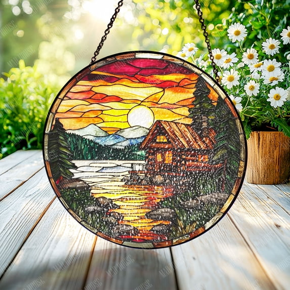 Rustic Cabin Sunrise Stained Glass Ornament, Ideal for Nature Lovers and Cozy Home Decor, Perfect for Window Art and Car Decoration, Lightweight and Durable - Window Hanging Glass, Car Decoration
