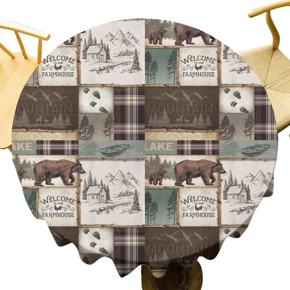 Rustic Cabin Tablecloth, Retro Vintage Bear Cottage Country Cabin Farmhouse Style Table Cover, Water Resistant Wipeable Tablecloths for Kitchen Dinning Decor 60"