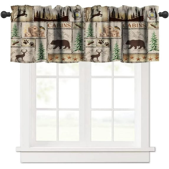 Rustic Cabin Valance Curtain, Lake Country Lodge Bear Deer Forest Farmhouse Camp Woodland Brown Blackout Short Window Curtain for Bedroom Living Room Kitchen,54x18in