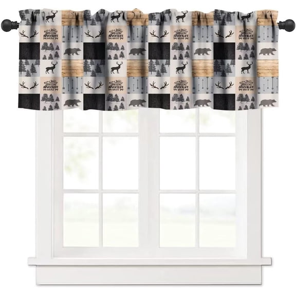 Rustic Cabin Valance, Retro Camping Bear Deer Farmhouse Wildlife Tree Forest Brown Gray Print Blackout Valance Curtain for Kitchen Bedroom Living Room,54x18in