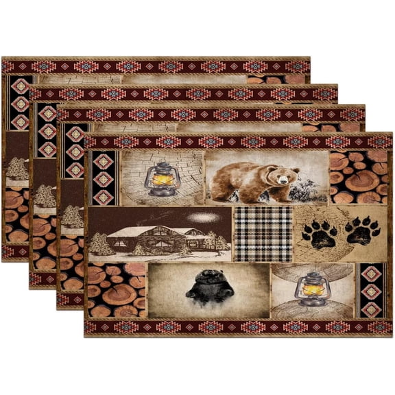 Rustic Cabin Vintage Bear Placemats Boho Farmhouse Country Lodge Woodland Resistant Washable Place Mats for Dining Kitchen Farmhouse Decor,4 PCS