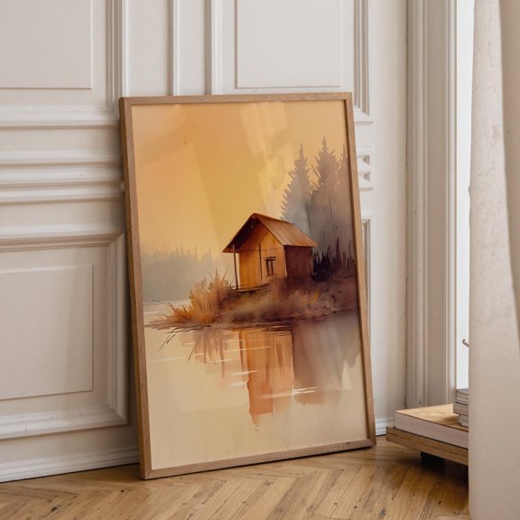 Rustic Cabin Wall Art Autumn Lake Cozy Landscape Nature Artwork, Unframed Poster