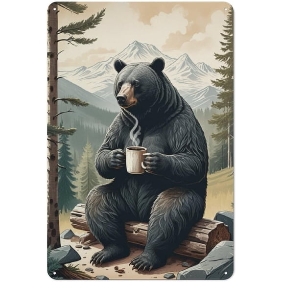 Rustic Cabin Wall Decor Art Coffee Bear Metal Tin Signs Vintage Wilderness Cafe Decor Featuring Bears,Forests Scenes,and Coffee to Transform Your Cabin Or Country Home Decor 8x12 inch