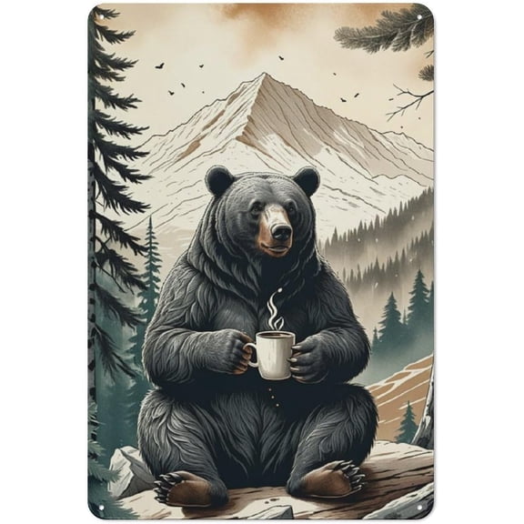 Rustic Cabin Wall Decor Tin Metal Sign With Bear and Coffee Design 8x12 Inch for Mountain Lodge or Coffee Shop