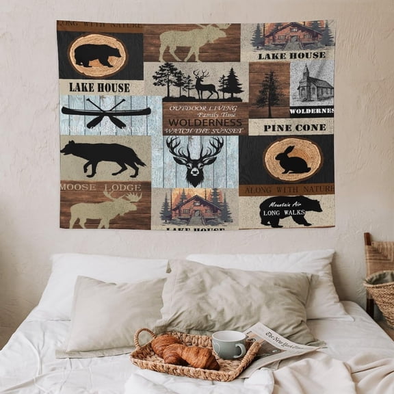 Rustic Cabin Wall Tapestry Bear Deer Forest Wildlife Country Lodge Hunting Camping Animal Farmhouse Vintage Wall Tapestries Hanging for Bedroom Living Room Dorm Party Decor 30x40in