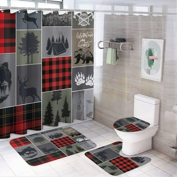 Rustic Cabin Wildlife Deer 4 Piece Shower Curtain Sets, Non-Slip Rugs, Toilet Lid Cover and Bath Mat, Durable and Waterproof, for Bathroom Decor Set One Size