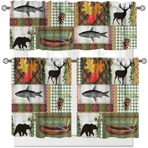 Rustic Cabin Window Valance,Retro Wild Animal Mountain Forest Silhouette Farmhouse Country Green Window Treatments for Kitchen Bedroom Living Bathroom 3 Piece Set