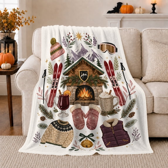 Rustic Cabin Winter Collage Skis Mugs Holiday Scene, Peaceful Mountain Lake Scene, Warm Flannel Blanket for Cabin and Lodge, Outdoor Lovers Friendship Gift, Festive Home Decor