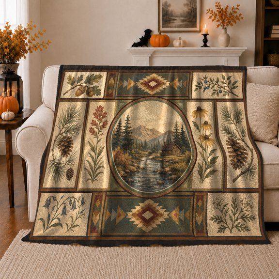 Rustic Cabin Woodland, Peaceful Mountain Lake Scene, Warm Flannel Blanket for Cabin and Lodge with Detailed Artwork, Outdoor Lovers Thanksgiving Gift, Artistic Home Decor