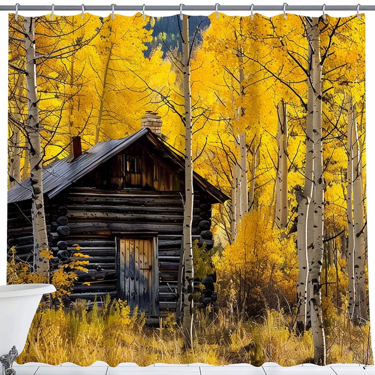 Rustic Cabin in Autumn Forest Shower Curtain - Fall Foliage Bathroom ...