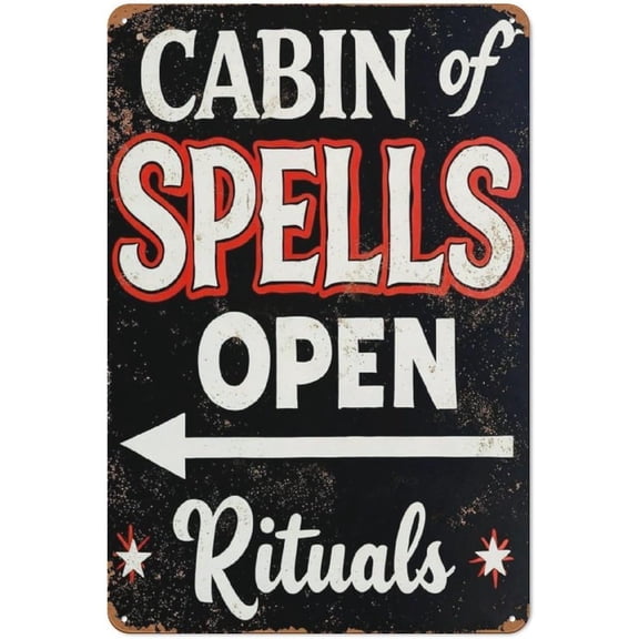 Rustic Cabin of Spells Metal Tin Sign, Woodland Wall Decor Plaque, Vintage Forest Retreat Home Wall Art, 8 x 12 Inch