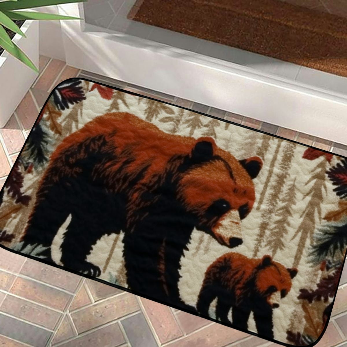 Bear Den Rug Rustic Cabin or Lodge Themed Rug - Bear and Cub Design with Trees Bear ...