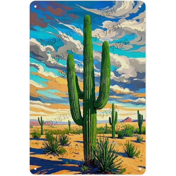 Rustic Cactus Blue Sky Metal Wall Sign, Aluminum Desert Plant Decor Poster, 8 x 12 Inch for Patio, Greenhouse or Porch