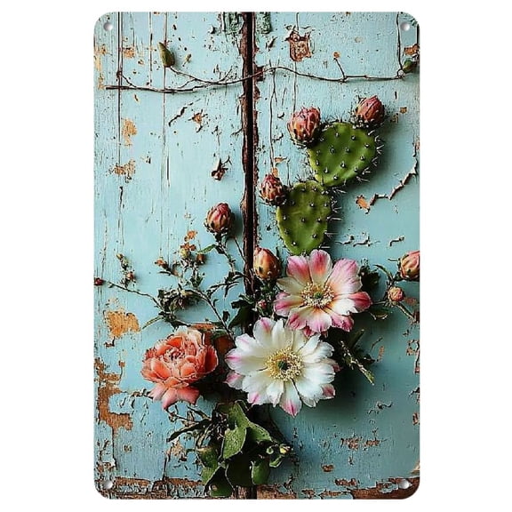 Rustic Cactus & Floral Iron Wall Art - Vintage Botanical Decor for Home and Garden, 8x12 inches, Perfect for Room Decor
