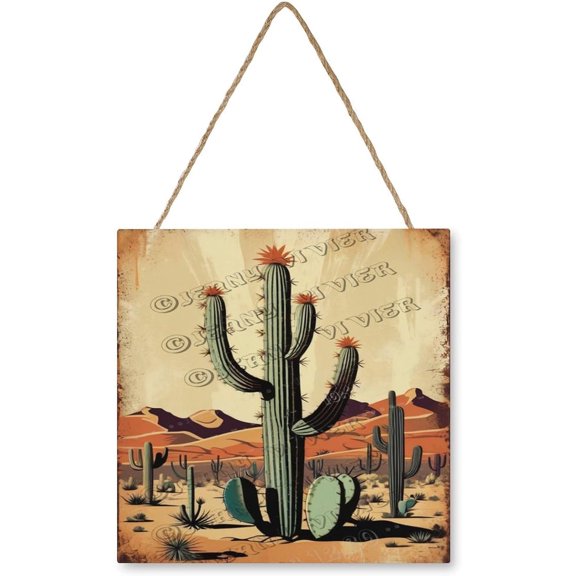 Rustic Cactus Wooden Wall Sign 12x12 Inches Farmhouse Boho Wall Hanging Desert Plant Decoration for Office, Bedroom, or Kitchen Gift for Succulent Lovers