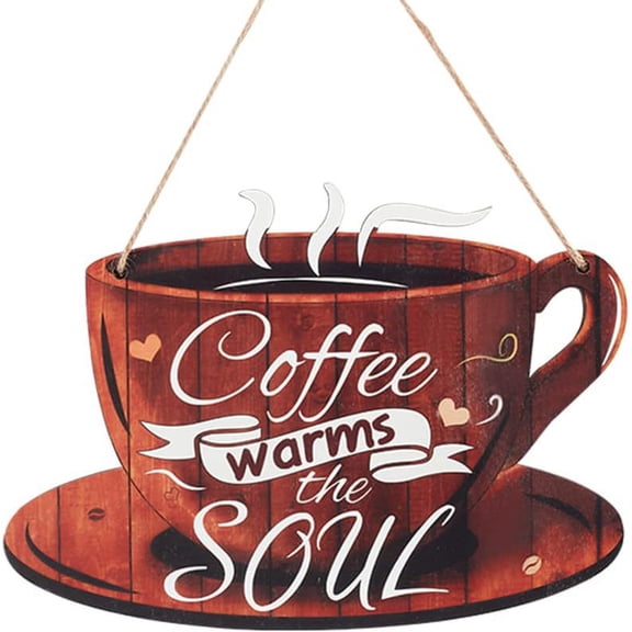 Rustic Cafe Wall Decor - Hanging Sign with 'Coffee Warms The Soul' for Coffee Bar Tea Shop Restaurant Decoration 9-3/57