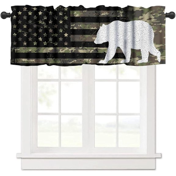 Rustic Camo Bear Window Curtain Valance, Vintage US Flag Camouflage Hunting Forest Country Farmhouse Window Treatment Valance for Kitchen Bedroom Living Room 54x18inch