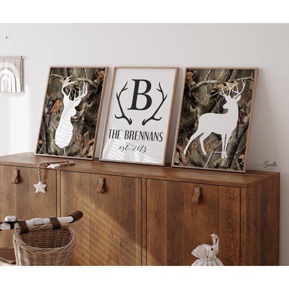 Rustic Camo Deer Family Monogram Poster Hunting Decor , Poster Print Only