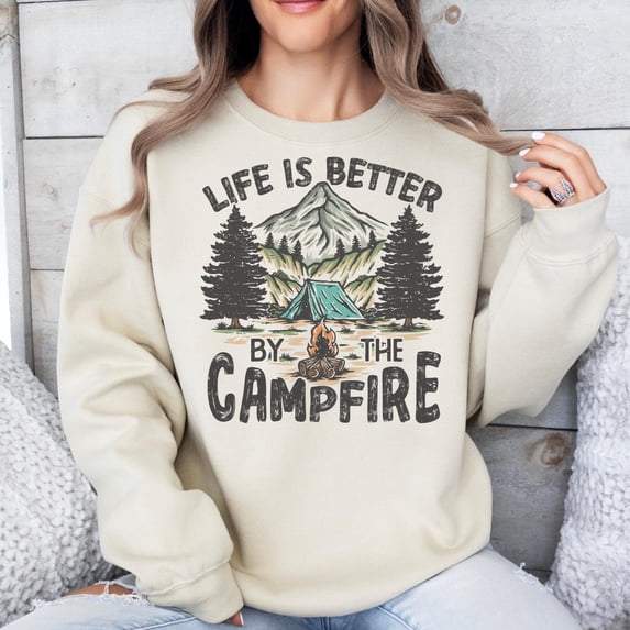 Rustic Campfire Mountain Sweatshirt, Adventure Travel Gift for Her