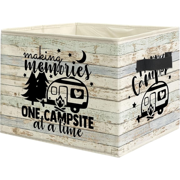 Rustic Camping Camper Storage Bin Box with Handles, Making Memories One Campsite at a Time Foldable Linen Fabric Laundry Basket for Home Bedroom Bathroom Clothes Toys Books