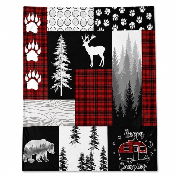 Rustic Plaid Bear Deer Forest Print Fleece Throw Blanket, Soft 280 GSM Polyester, Animal Lover Decor
