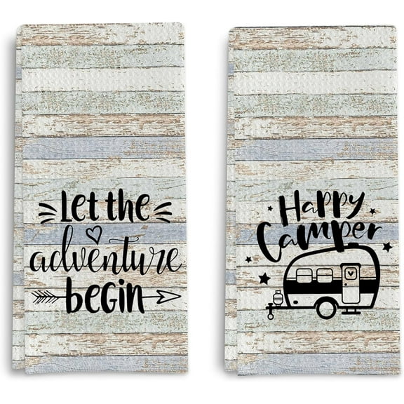 Rustic Camping Kitchen Towels Set of 2, Camping Dish Towels for Kitchen, Happy Camper Towels, Camper Hand Towels, Camping Towels Decor for Camper RV, Camper Gifts for Women, 18x26 Inch