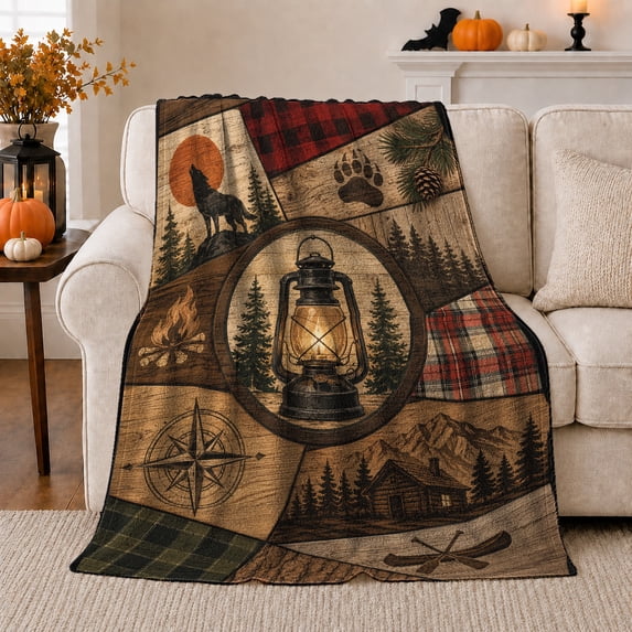 Rustic Camping Lantern Wolf Patchwork Wilderness Woodsman, Peaceful Celestial Art Scene, Warm Flannel Blanket for Cabin and Lodge, Animal Lovers person's Day Gift, Artistic Home Decor