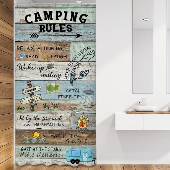 Rustic Camping Rules Shower Curtain 36Wx72H Inches RV Trailer Cabin Camper Travel on Teal Wooden Board Country Farmhouse Bathroom Home Decor Set Fabric Waterproof Polyester with 12 Hooks