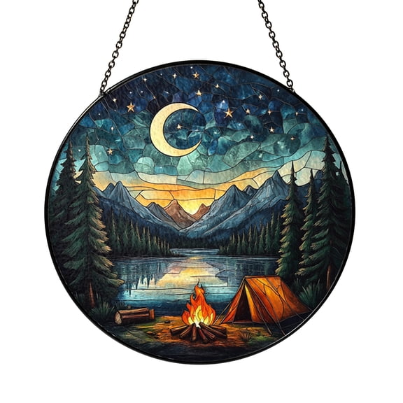 Rustic Camping Scene Window Hanging Decor, Stained Glass Style Campfire Suncatcher Panel for Nature Home
