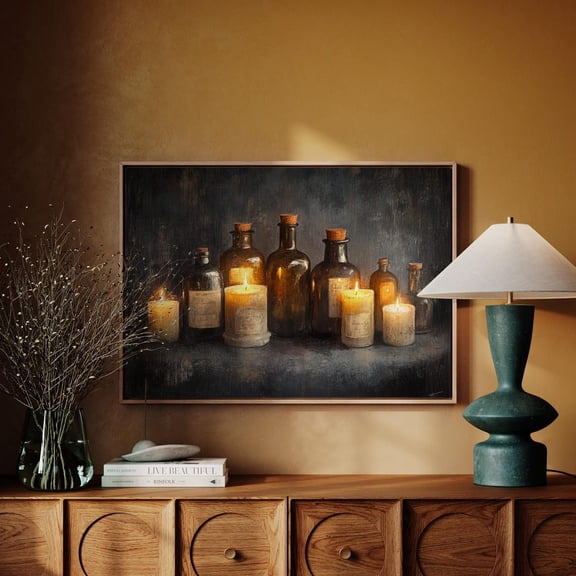 Rustic Candle And Vintage Bottle Art - Moody Wall Decor For Cozy Home Or Apothecary-Inspired Spaces Wall Art, Modern Wall Decor, 16x24 UNFRAMED