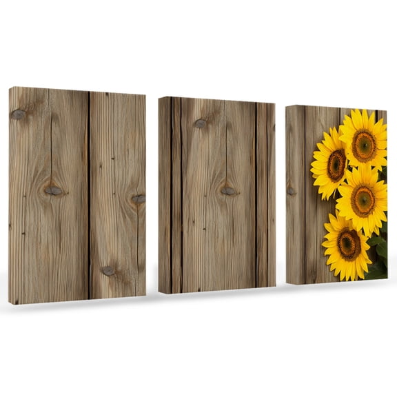 Rustic Canvas Wall Art 3 Panels, Sunflowers Wood Grain Texture Pastoral Vintage Framed Wall Decor Modern Artwork Prints Painting for Living Room, Bedroom, Kitchen & Cafe Decor 12" x 16"