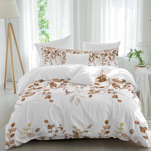 Rustic Caramel Eucalyptus Leaf Queen Size Bed Set,Vintage Watercolor Leaves Bedding for All Seasons,4 Pcs Bed Set,1 Quiltcover (90"x92"),1 Sheet(94"x116"),2 Pillowcases (30"x20")
