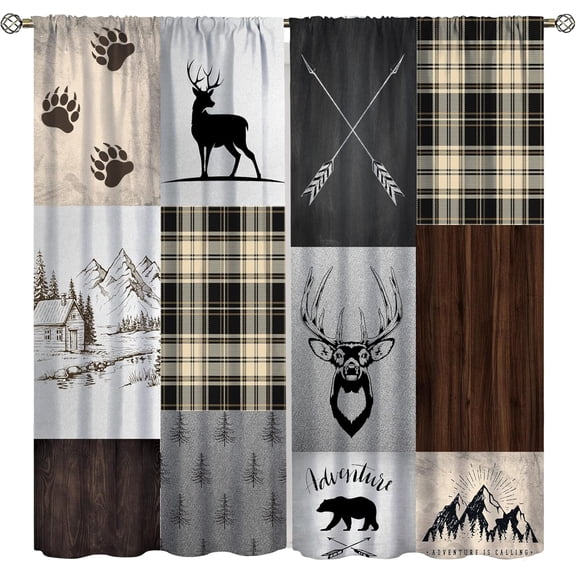 Rustic Carbin Curtains Deer Bear Living Room Curtains, Cabin Deer Bear Elk Moose Wild Animals Curtains for Bedroom, Plaid Check Adventure Farmhouse Drapes 2 Panel Sets,42x63 Inch