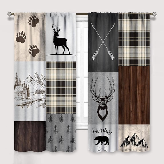 Rustic Carbin Curtains Deer Bear Living Room Curtains, Cabin Deer Bear Elk Moose Wild Animals Curtains for Bedroom, Plaid Check Adventure Farmhouse Drapes 2 Panel Sets,42x54 Inch