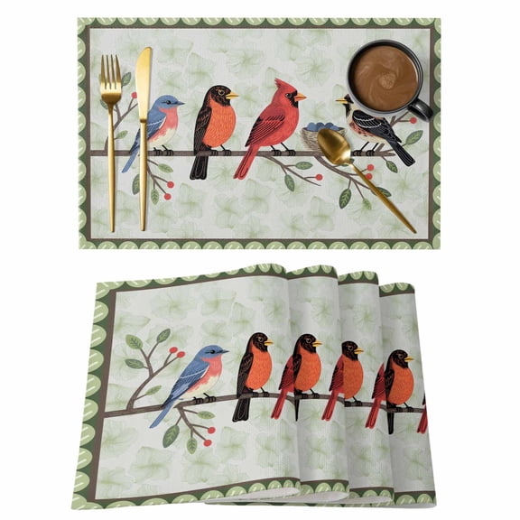 Rustic Cardinal Bird Placemats Set of 4 Green Leaves Branches Country Berries Place Mats Indoor Wipeable Table Mats Washable Dining Table Placemats for Kitchen Holiday Party Home Decor 13x19 Inch