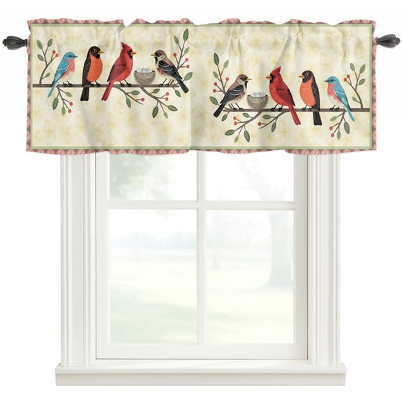 Rustic Cardinal Bird Valances for Windows Farmhouse Kitchen Curtains Valances Rod Pocket Valance Curtains for Windows Country Leaves Branches Berries Pink Window Valances for Bathroom Bedroom 54"x18"
