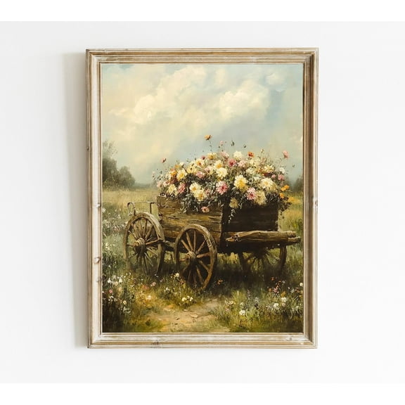 Rustic Cart Of Wildflowers Farmhouse Decor Poster Vintage Cottagecore Decor Poster Country Landscape Spring Wall Print Poster Warm Present Vintage UNFRAMED Poster Size 24x36