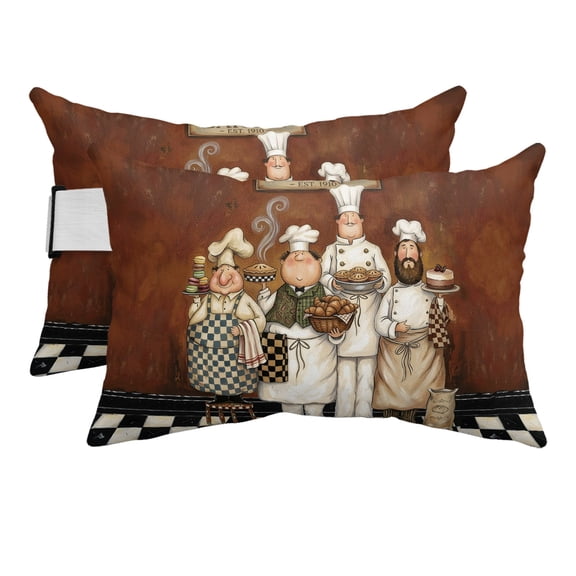 Rustic Cartoon Bakery Chef Outdoor Pillow for Chaise Lounge Chair,Farmhouse Cooking Theme Waterproof Headrest Lumbar Pillows with Insert&Elastic Strap for Patio Pool Garden Chairs Decor,2 Pack