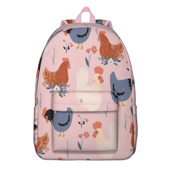 Rustic Cartoon Farm Backpack, Durable School Bag with Cute Chicken, Rooster, and Egg Pattern