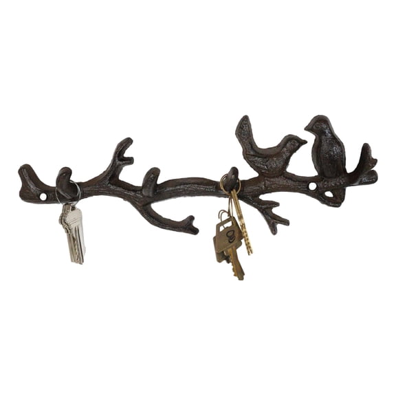 Rustic Cast Iron 2 Lovebirds On Tree Branch Multi Points Wall Hooks 12.5" Long