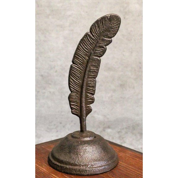 Rustic Cast Iron Brutalist Indian Eagle Feather On Ink Base Paperweight Figurine
