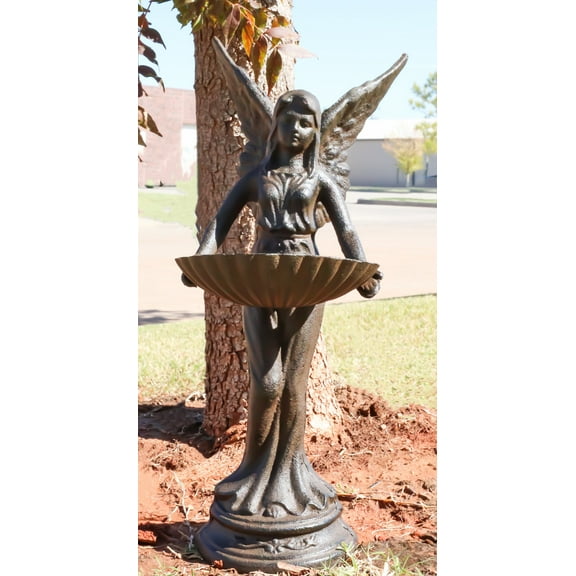 Rustic Cast Iron Gabriel Angel Holding Shell Garden Bird Feeder Bath 15.5"H