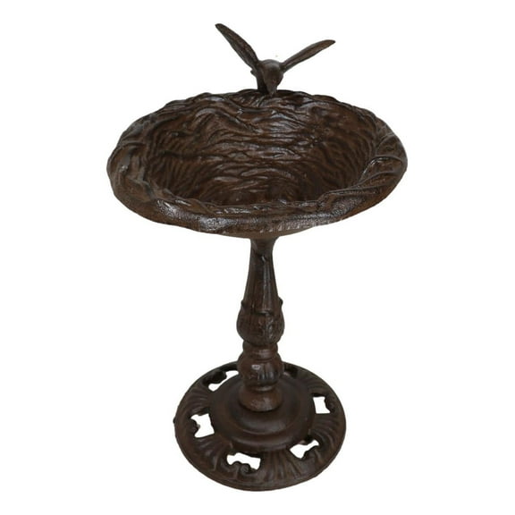 Rustic Cast Iron Hummingbird Hovering Over Nest Garden Bird Feeder Bath 12"H