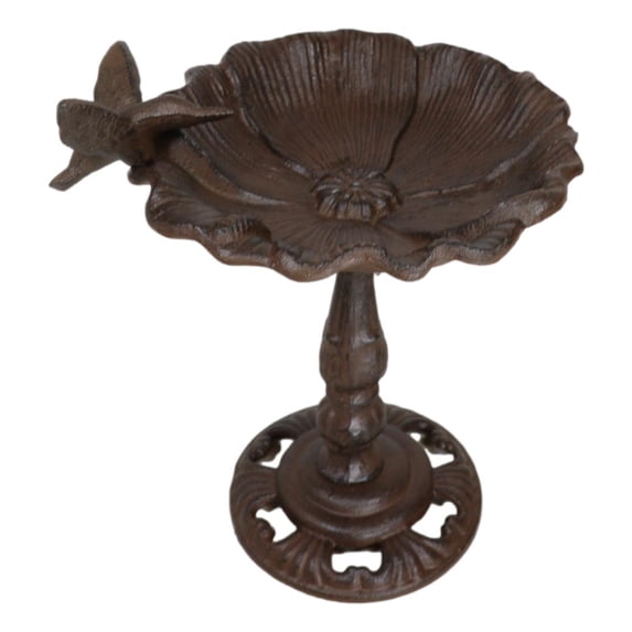 Rustic Cast Iron Hummingbird Perching On Flower Garden Bird Feeder Bath 10.5"H