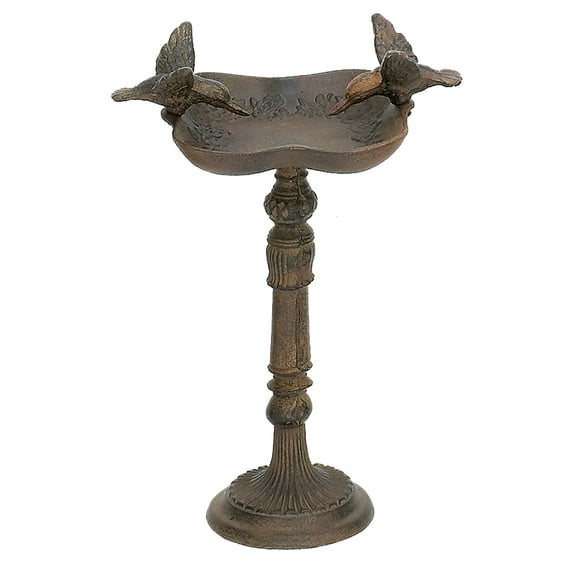 Rustic Cast Iron Hummingbirds Perching On Ornate Garden Bird Feeder Bath 11"H