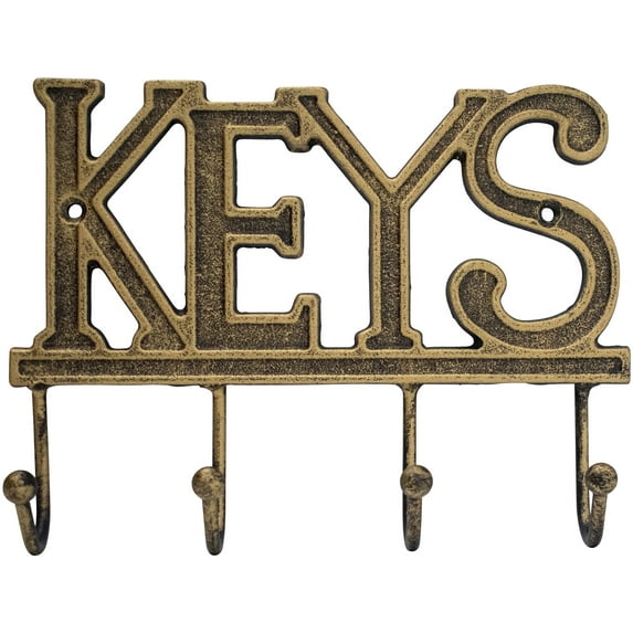 Rustic Cast Iron "Keys" Holder With 4 Key Hooks for Wall Mount (Antique Gold)
