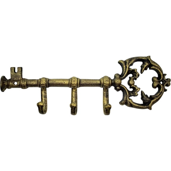 Rustic Cast Iron Large Key-Shaped Holder With 3 Key Hooks for Wall Mount (Antique Gold)